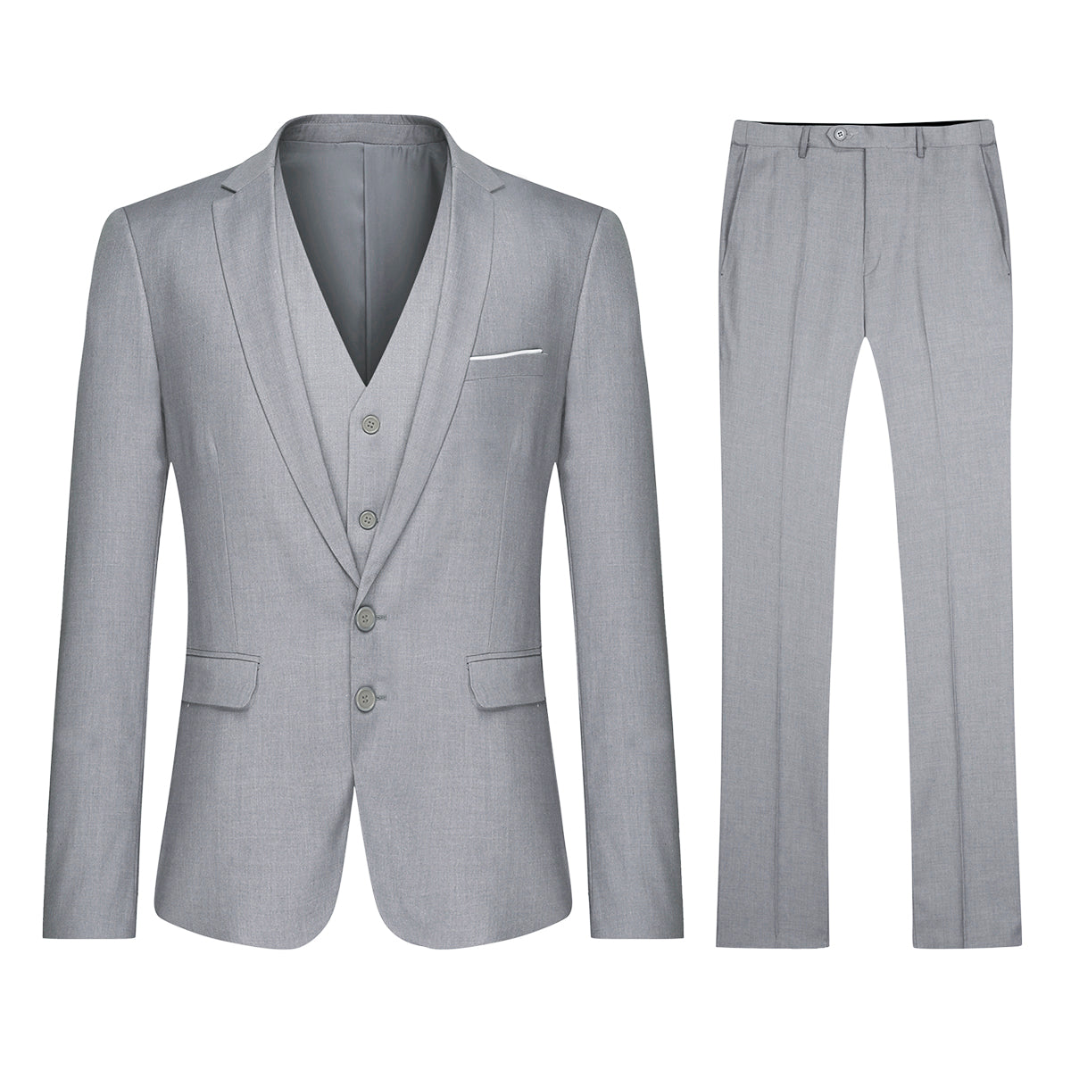 Light Grey # Men's slim fit 3-piece casual suit with notched lapel and button closure, light grey formal blazer jacket with four-button cuffs, matching vest and flat-front trousers with extended waist strap and slanted side pockets, elegant polyester viscose blend suit for business, wedding, office and daily wear, isolated on white background.