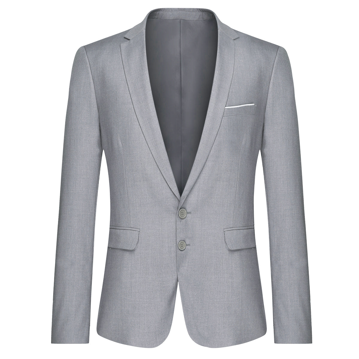 Light Grey # Men's slim fit 3-piece casual suit with notched lapel and button closure, light grey formal blazer jacket with four-button cuffs, matching vest and flat-front trousers with extended waist strap and slanted side pockets, elegant polyester viscose blend suit for business, wedding, office and daily wear, isolated on white background.