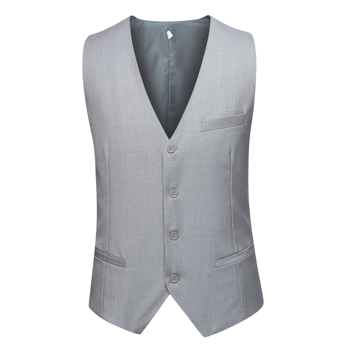 Light Grey # Men's slim fit 3-piece casual suit with notched lapel and button closure, light grey formal blazer jacket with four-button cuffs, matching vest and flat-front trousers with extended waist strap and slanted side pockets, elegant polyester viscose blend suit for business, wedding, office and daily wear, isolated on white background.