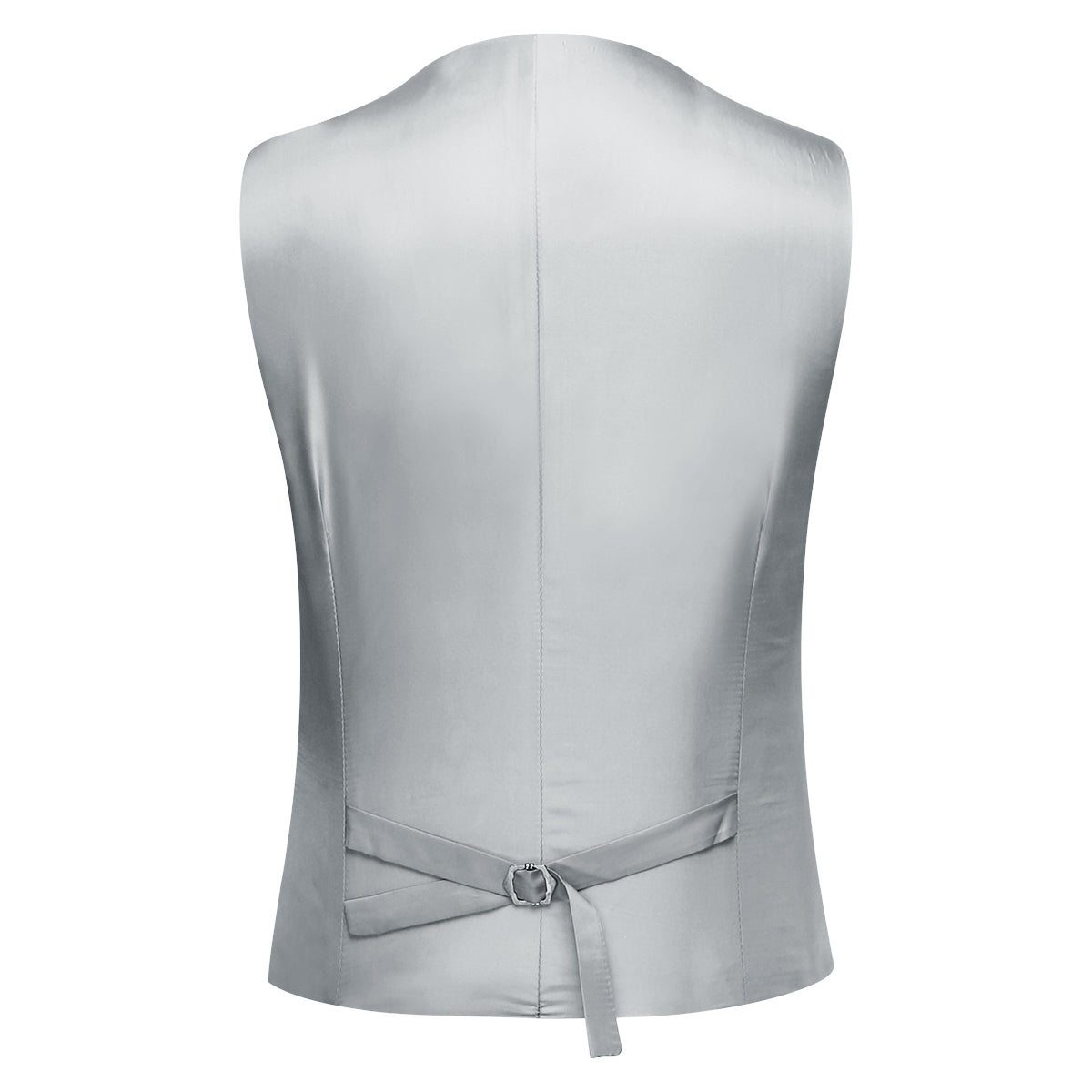 Light Grey # Men's slim fit 3-piece casual suit with notched lapel and button closure, light grey formal blazer jacket with four-button cuffs, matching vest and flat-front trousers with extended waist strap and slanted side pockets, elegant polyester viscose blend suit for business, wedding, office and daily wear, isolated on white background.