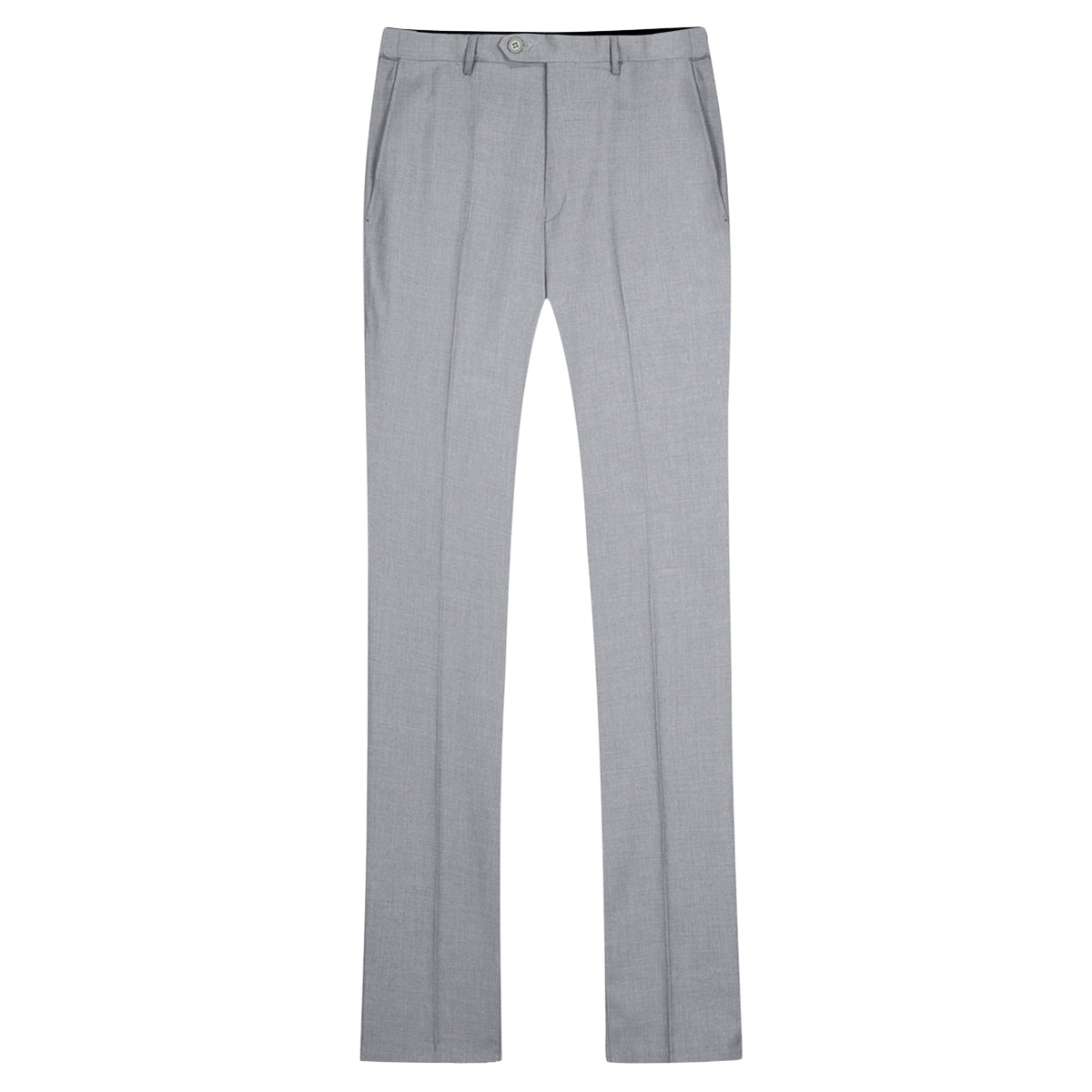 Light Grey # Men's slim fit 3-piece casual suit with notched lapel and button closure, light grey formal blazer jacket with four-button cuffs, matching vest and flat-front trousers with extended waist strap and slanted side pockets, elegant polyester viscose blend suit for business, wedding, office and daily wear, isolated on white background.