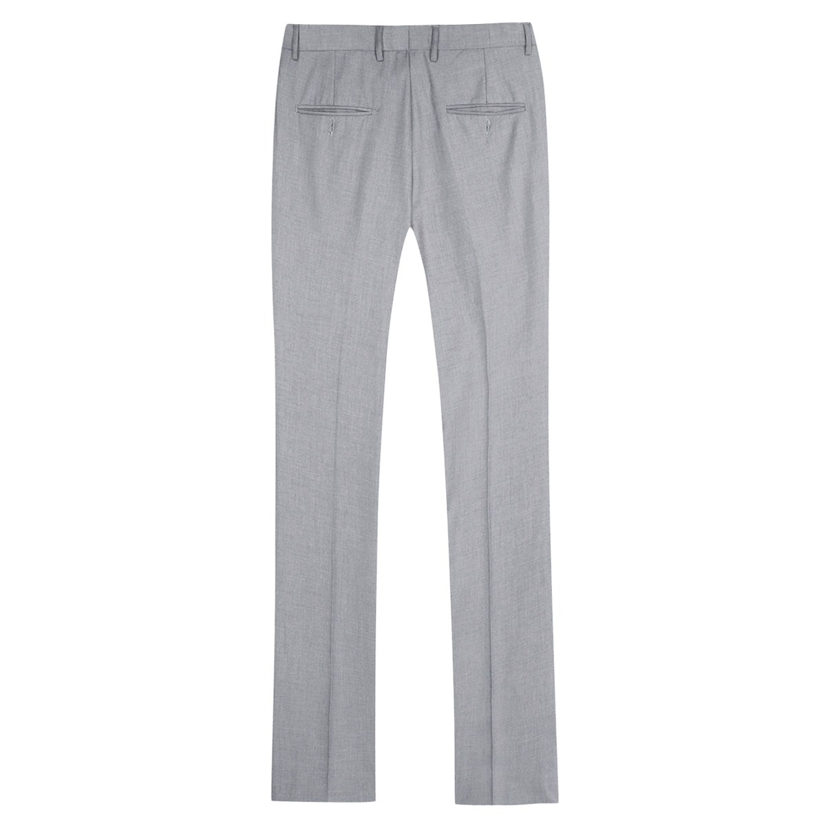 Light Grey # Men's slim fit 3-piece casual suit with notched lapel and button closure, light grey formal blazer jacket with four-button cuffs, matching vest and flat-front trousers with extended waist strap and slanted side pockets, elegant polyester viscose blend suit for business, wedding, office and daily wear, isolated on white background.