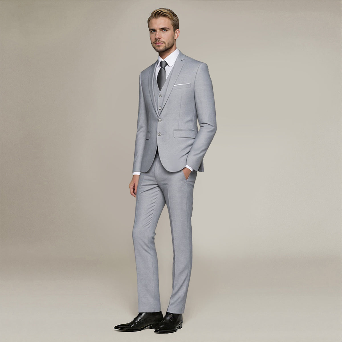 Light Grey # Men's slim fit 3-piece casual suit with notched lapel and button closure, light grey formal blazer jacket with four-button cuffs, matching vest and flat-front trousers with extended waist strap and slanted side pockets, elegant polyester viscose blend suit for business, wedding, office and daily wear, isolated on white background.