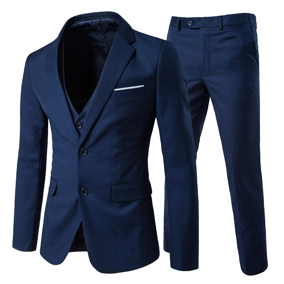Navy # Men's slim fit 3-piece notched lapel casual suit with button closure and four-button cuffs, navy formal blazer jacket with matching vest and flat-front trousers with extended waist strap and slanted side pockets, elegant polyester viscose blend suit for business, office, wedding and daily wear, isolated on white background.