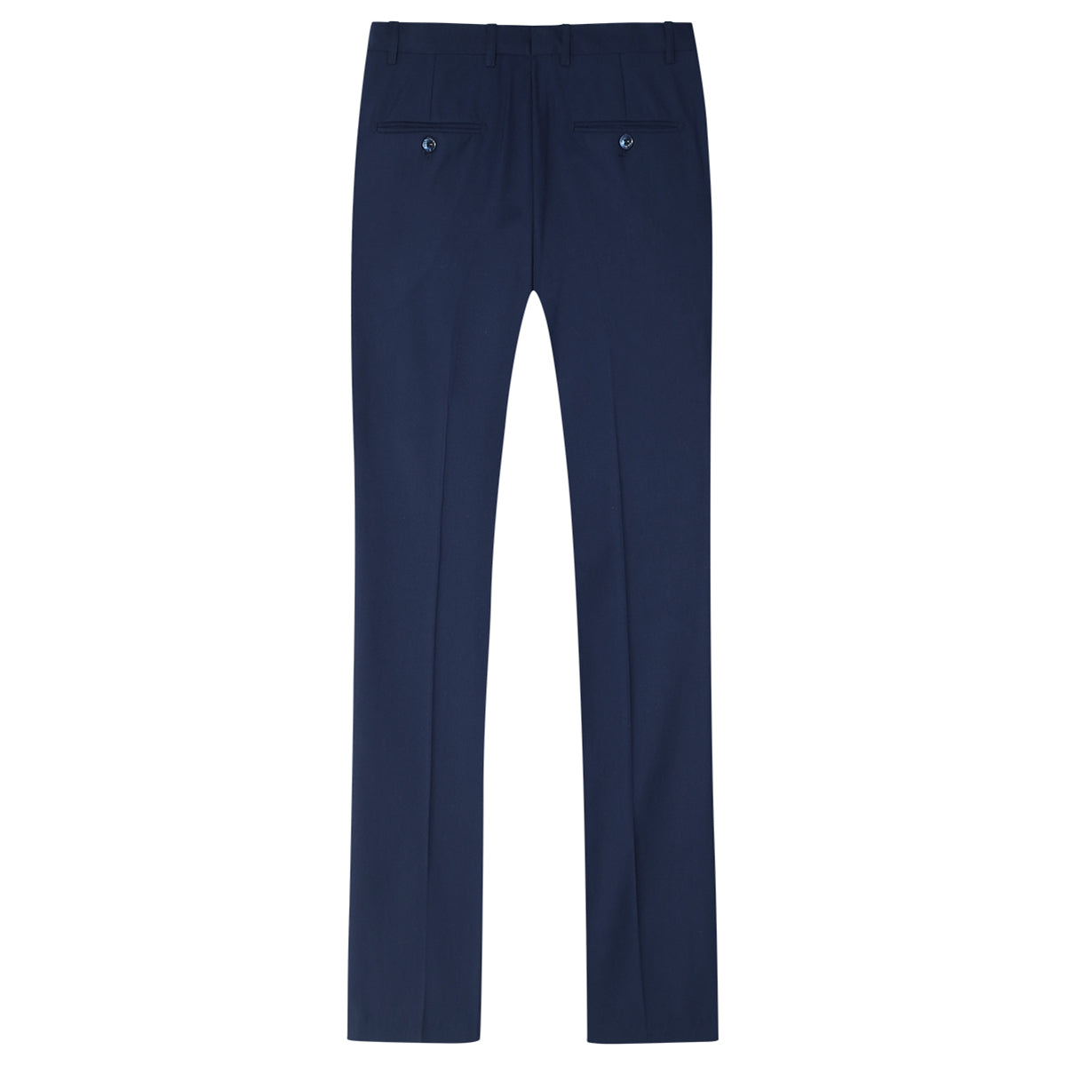 Navy # Men's slim fit 3-piece notched lapel casual suit with button closure and four-button cuffs, navy formal blazer jacket with matching vest and flat-front trousers with extended waist strap and slanted side pockets, elegant polyester viscose blend suit for business, office, wedding and daily wear, isolated on white background.