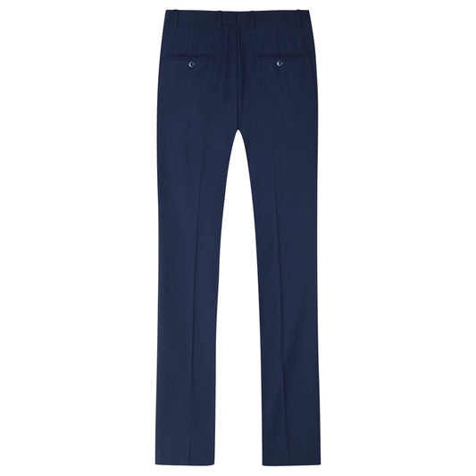 Navy # Men's slim fit 3-piece notched lapel casual suit with button closure and four-button cuffs, navy formal blazer jacket with matching vest and flat-front trousers with extended waist strap and slanted side pockets, elegant polyester viscose blend suit for business, office, wedding and daily wear, isolated on white background.