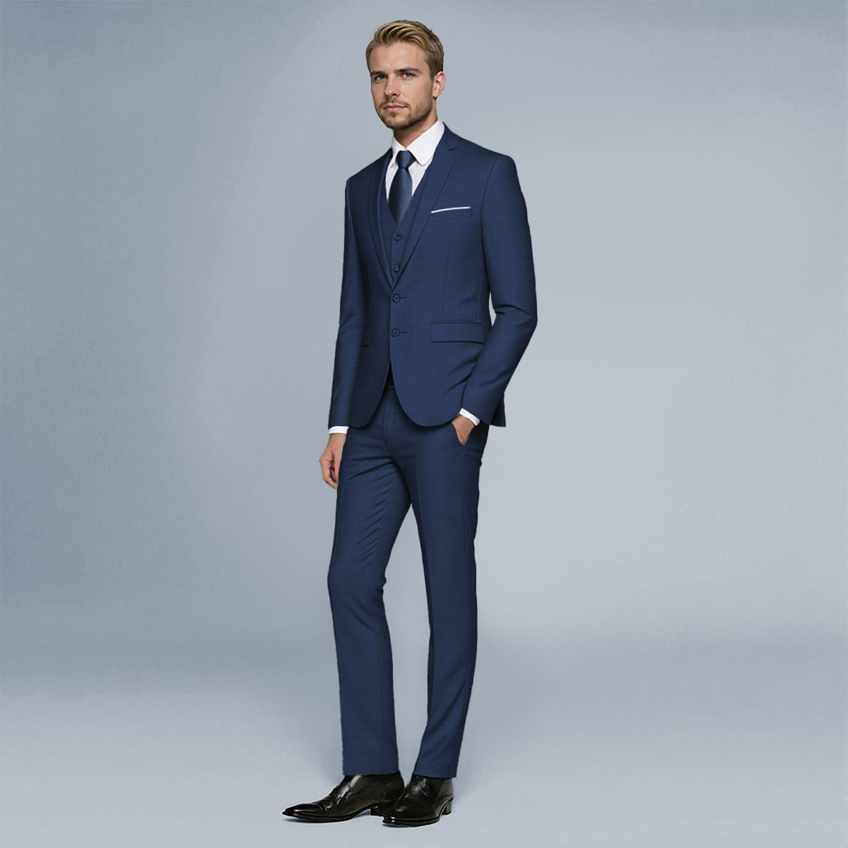 Navy # Men's slim fit 3-piece notched lapel casual suit with button closure and four-button cuffs, navy formal blazer jacket with matching vest and flat-front trousers with extended waist strap and slanted side pockets, elegant polyester viscose blend suit for business, office, wedding and daily wear, isolated on white background.