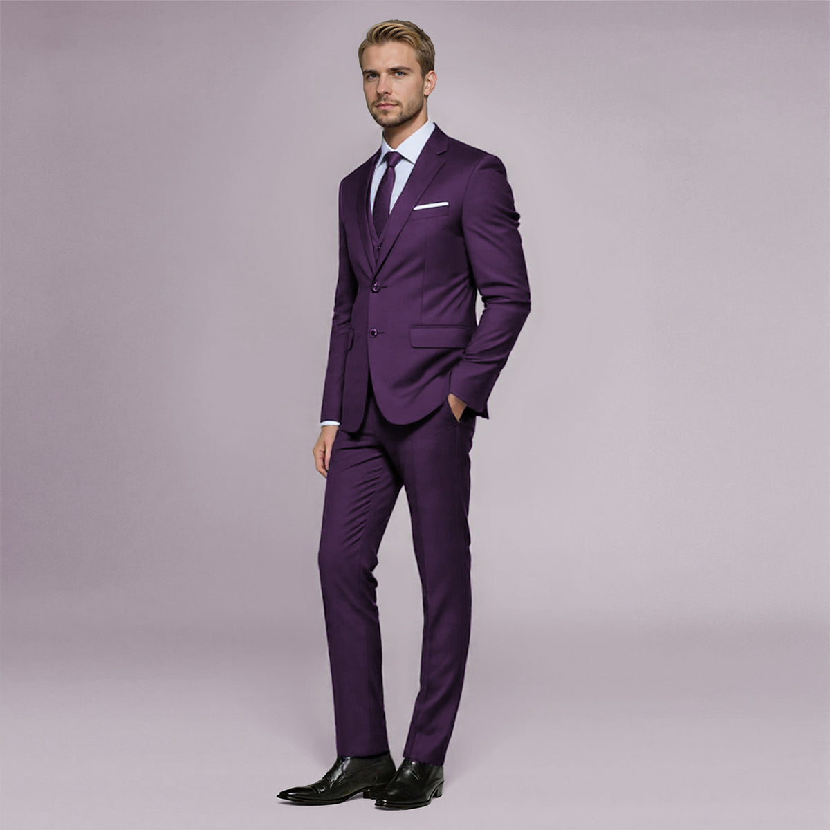 Purple # Men's slim fit 3-piece casual suit with notched lapel and button closure, purple formal blazer jacket with four-button cuffs, matching vest and flat-front trousers with extended waist strap and slanted side pockets, elegant polyester viscose blend suit for business, wedding, office and daily wear, isolated on white background.