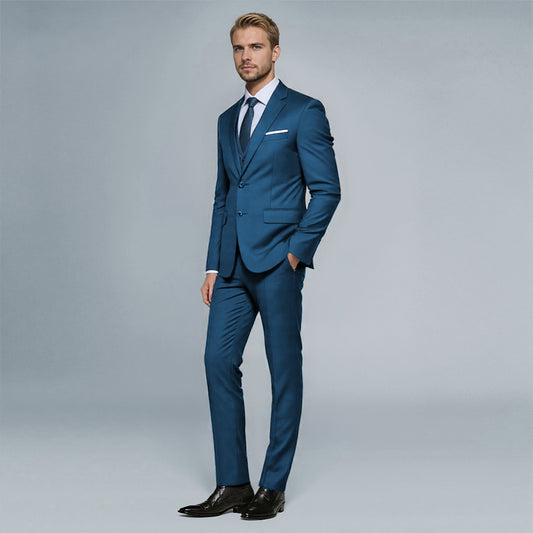 Steel Blue # Men's slim fit 3-piece casual suit with notched lapel and button closure, steel blue formal blazer jacket with four-button cuffs, matching vest and flat-front trousers with extended waist strap and slanted side pockets, elegant polyester viscose blend suit for business, wedding, office and daily wear, isolated on white background.