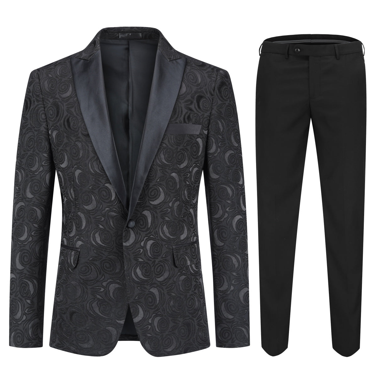 Black # Men's 2-piece printed suit with dark pattern and single-breasted closure, black soft fabric formal blazer jacket with matching trousers for party, wedding, prom and daily occasions, isolated on white background.