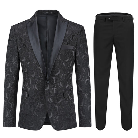 Black # Men's 2-piece printed suit with dark pattern and single-breasted closure, black soft fabric formal blazer jacket with matching trousers for party, wedding, prom and daily occasions, isolated on white background.