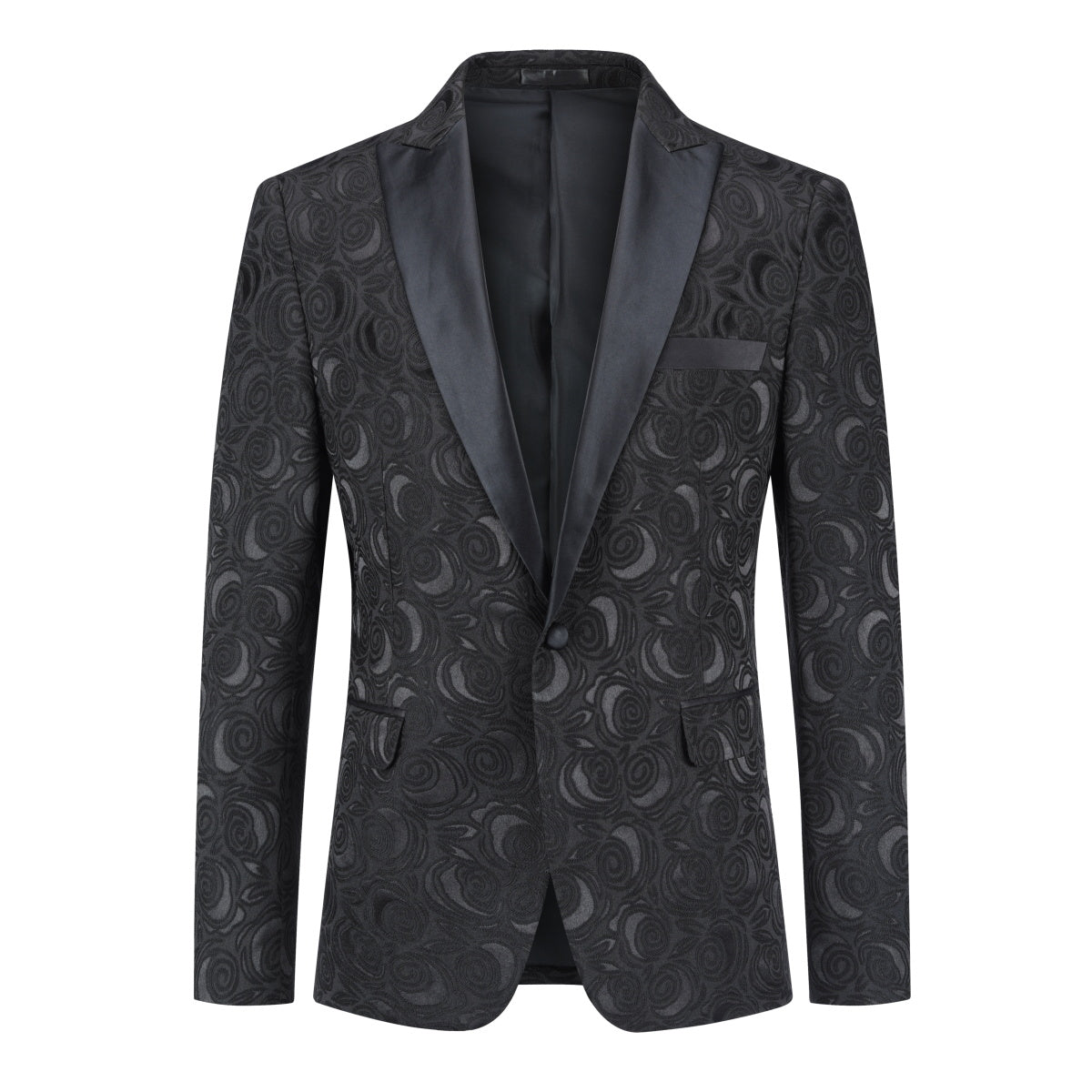 Black # Men's 2-piece printed suit with dark pattern and single-breasted closure, black soft fabric formal blazer jacket with matching trousers for party, wedding, prom and daily occasions, isolated on white background.