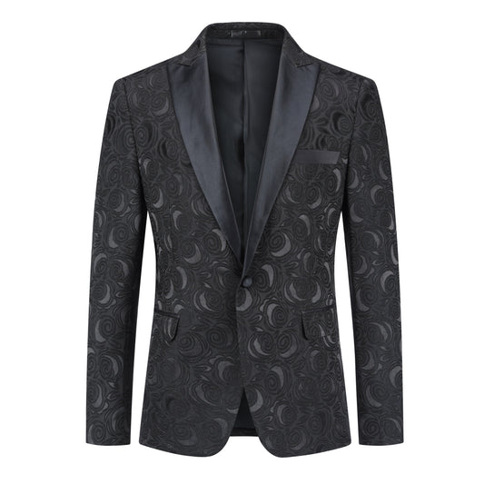 Black # Men's 2-piece printed suit with dark pattern and single-breasted closure, black soft fabric formal blazer jacket with matching trousers for party, wedding, prom and daily occasions, isolated on white background.
