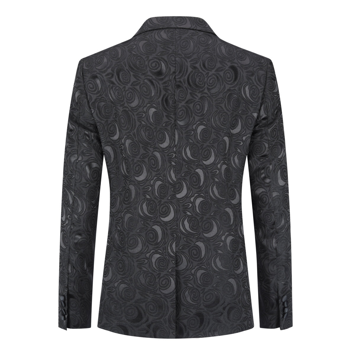 Black # Men's 2-piece printed suit with dark pattern and single-breasted closure, black soft fabric formal blazer jacket with matching trousers for party, wedding, prom and daily occasions, isolated on white background.