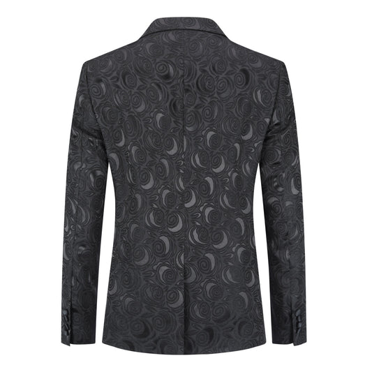 Black # Men's 2-piece printed suit with dark pattern and single-breasted closure, black soft fabric formal blazer jacket with matching trousers for party, wedding, prom and daily occasions, isolated on white background.