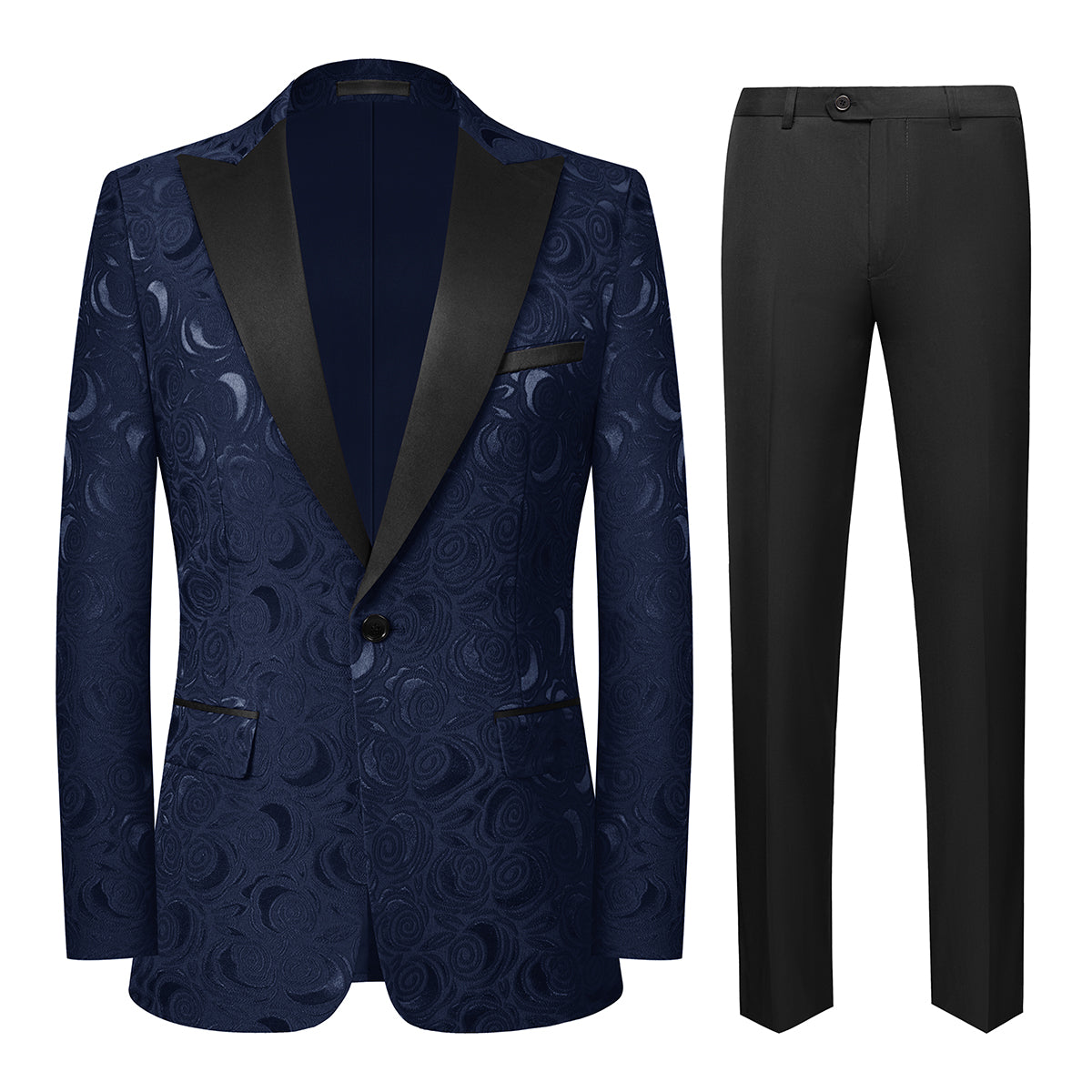 Dark Pattern Blue # Men's slim fit 2-piece printed suit with dark pattern blue design, soft polyester fabric blazer jacket with matching trousers, stylish patterned formal wear for party, wedding, prom, business and daily occasions, isolated on white background.