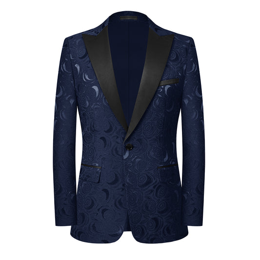 Dark Pattern Blue # Men's slim fit 2-piece printed suit with dark pattern blue design, soft polyester fabric blazer jacket with matching trousers, stylish patterned formal wear for party, wedding, prom, business and daily occasions, isolated on white background.