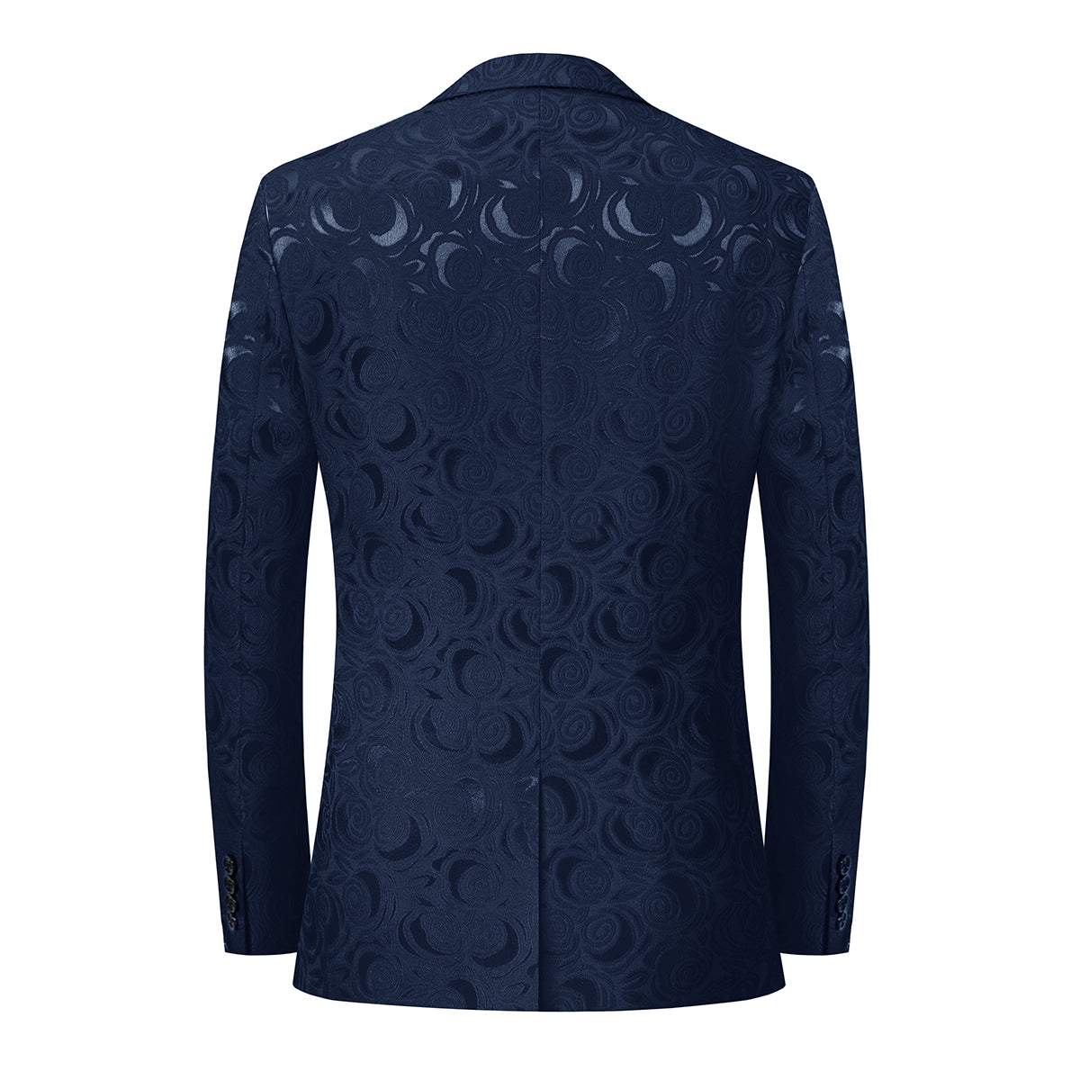 Dark Pattern Blue # Men's slim fit 2-piece printed suit with dark pattern blue design, soft polyester fabric blazer jacket with matching trousers, stylish patterned formal wear for party, wedding, prom, business and daily occasions, isolated on white background.