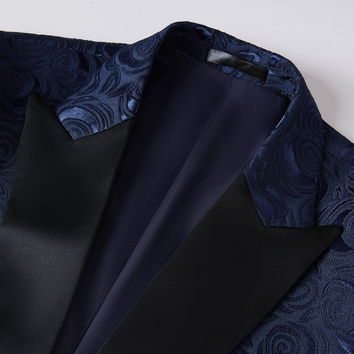 Dark Pattern Blue # Men's slim fit 2-piece printed suit with dark pattern blue design, soft polyester fabric blazer jacket with matching trousers, stylish patterned formal wear for party, wedding, prom, business and daily occasions, isolated on white background.