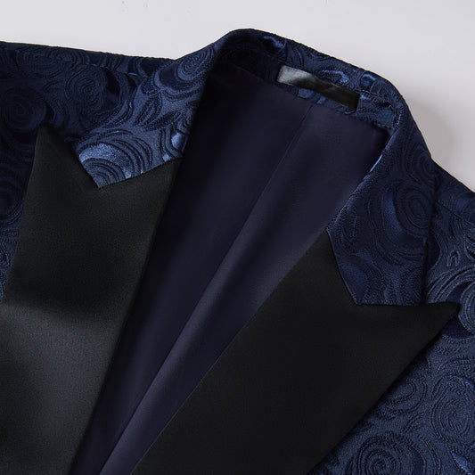 Dark Pattern Blue # Men's slim fit 2-piece printed suit with dark pattern blue design, soft polyester fabric blazer jacket with matching trousers, stylish patterned formal wear for party, wedding, prom, business and daily occasions, isolated on white background.