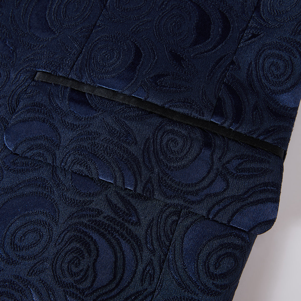 Dark Pattern Blue # Men's slim fit 2-piece printed suit with dark pattern blue design, soft polyester fabric blazer jacket with matching trousers, stylish patterned formal wear for party, wedding, prom, business and daily occasions, isolated on white background.