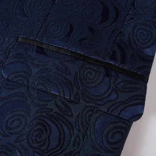 Dark Pattern Blue # Men's slim fit 2-piece printed suit with dark pattern blue design, soft polyester fabric blazer jacket with matching trousers, stylish patterned formal wear for party, wedding, prom, business and daily occasions, isolated on white background.
