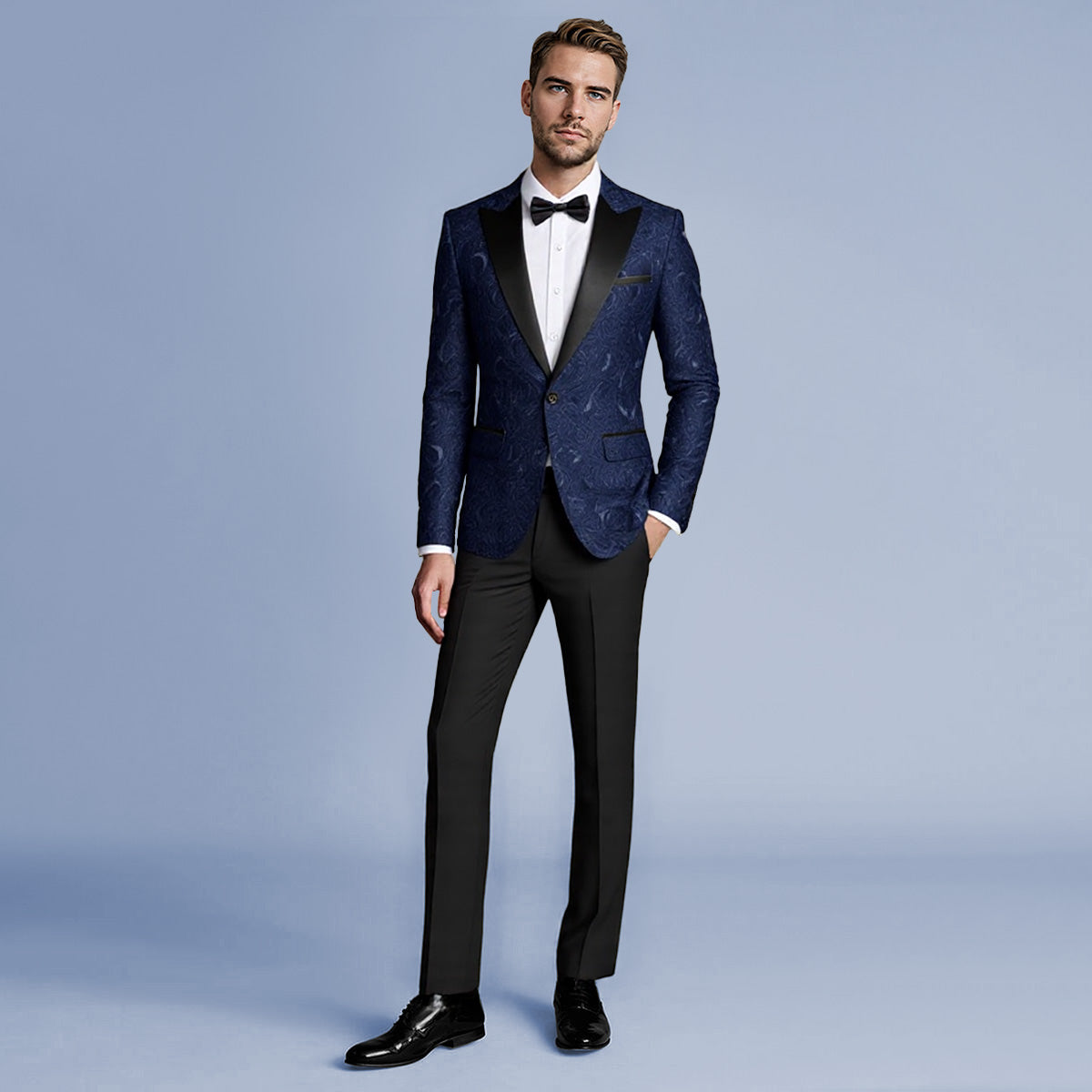 Dark Pattern Blue # Men's slim fit 2-piece printed suit with dark pattern blue design, soft polyester fabric blazer jacket with matching trousers, stylish patterned formal wear for party, wedding, prom, business and daily occasions, isolated on white background.