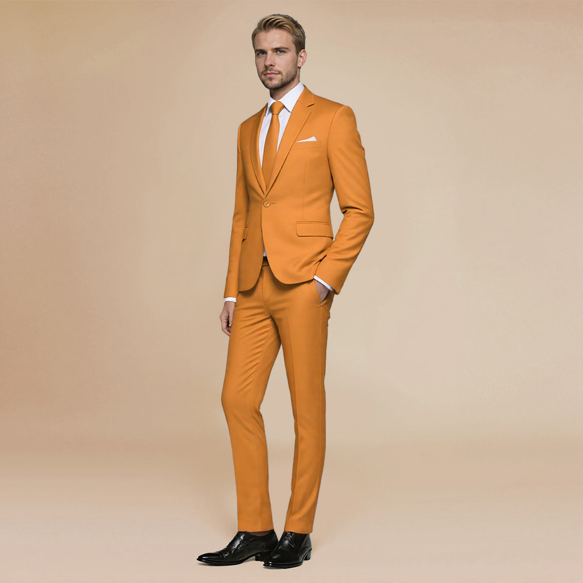 Coffee # Men's slim fit 2-piece simple designed casual suit with peaked lapel and button closure, coffee formal blazer jacket with four-button cuffs and matching flat-front trousers with extended waist strap, elegant polyester viscose blend suit for business, office, wedding and daily wear, isolated on white background.
