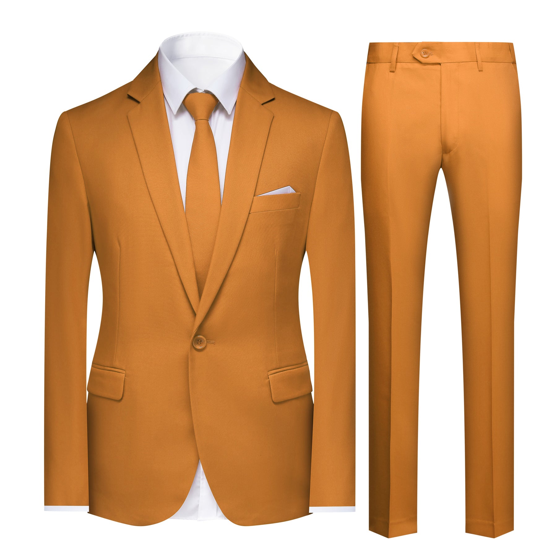 Coffee # Men's slim fit 2-piece simple designed casual suit with peaked lapel and button closure, coffee formal blazer jacket with four-button cuffs and matching flat-front trousers with extended waist strap, elegant polyester viscose blend suit for business, office, wedding and daily wear, isolated on white background.