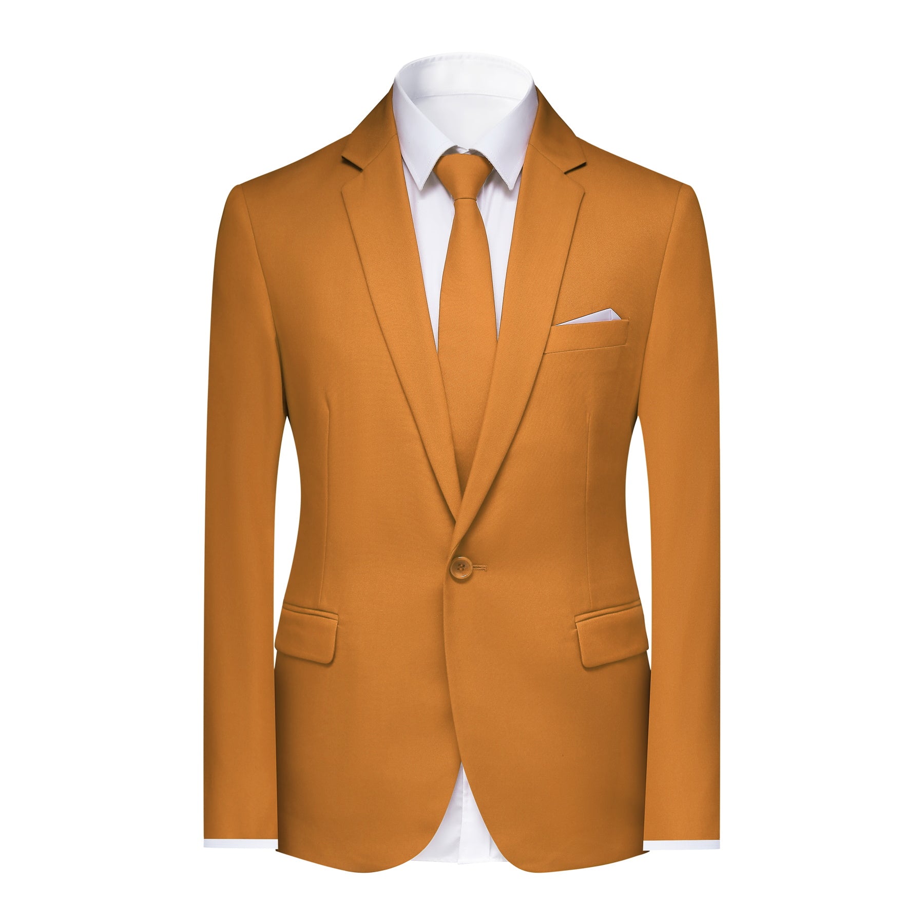 Coffee # Men's slim fit 2-piece simple designed casual suit with peaked lapel and button closure, coffee formal blazer jacket with four-button cuffs and matching flat-front trousers with extended waist strap, elegant polyester viscose blend suit for business, office, wedding and daily wear, isolated on white background.