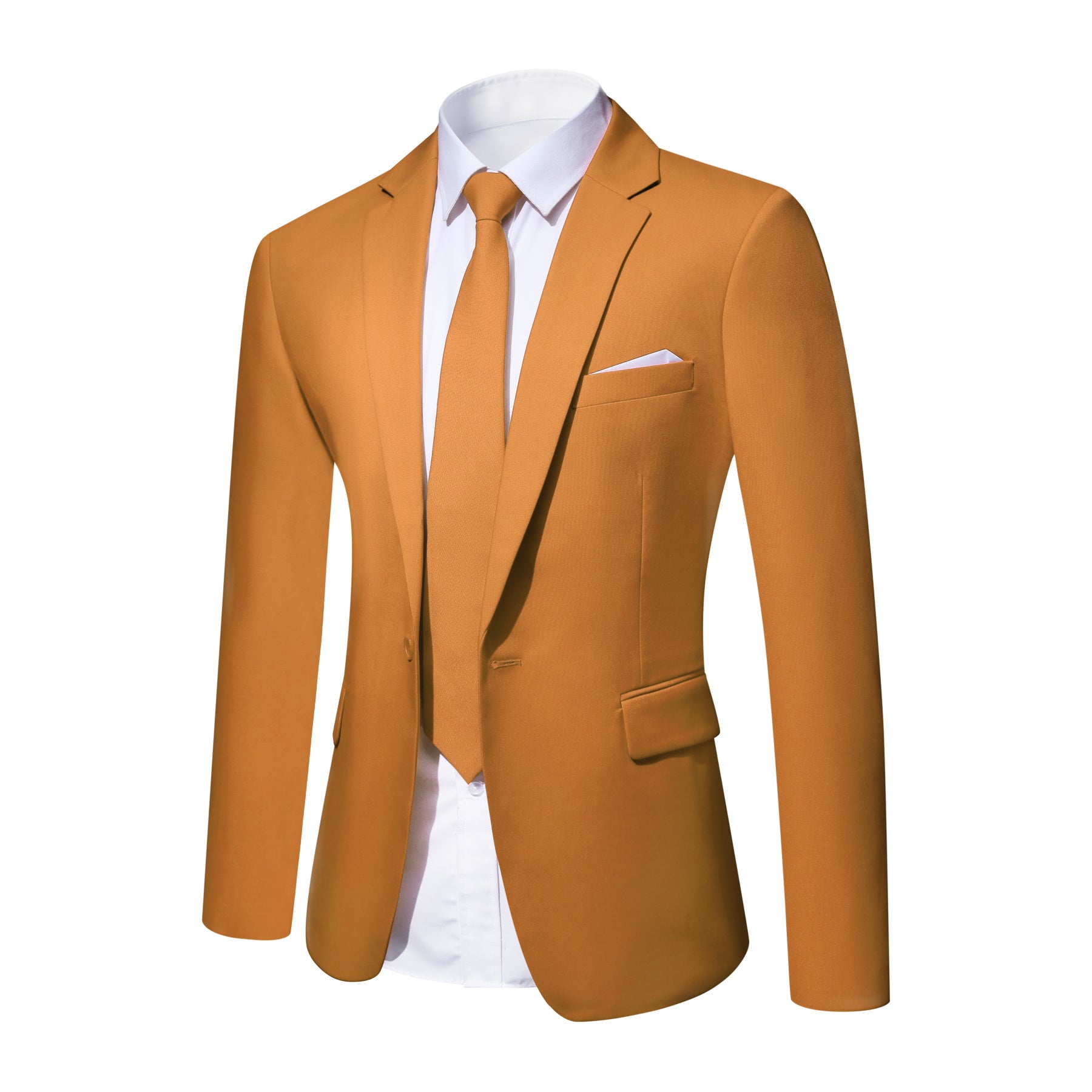 Coffee # Men's slim fit 2-piece simple designed casual suit with peaked lapel and button closure, coffee formal blazer jacket with four-button cuffs and matching flat-front trousers with extended waist strap, elegant polyester viscose blend suit for business, office, wedding and daily wear, isolated on white background.