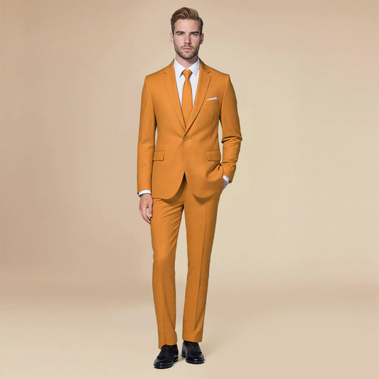 Coffee # Men's slim fit 2-piece simple designed casual suit with peaked lapel and button closure, coffee formal blazer jacket with four-button cuffs and matching flat-front trousers with extended waist strap, elegant polyester viscose blend suit for business, office, wedding and daily wear, isolated on white background.