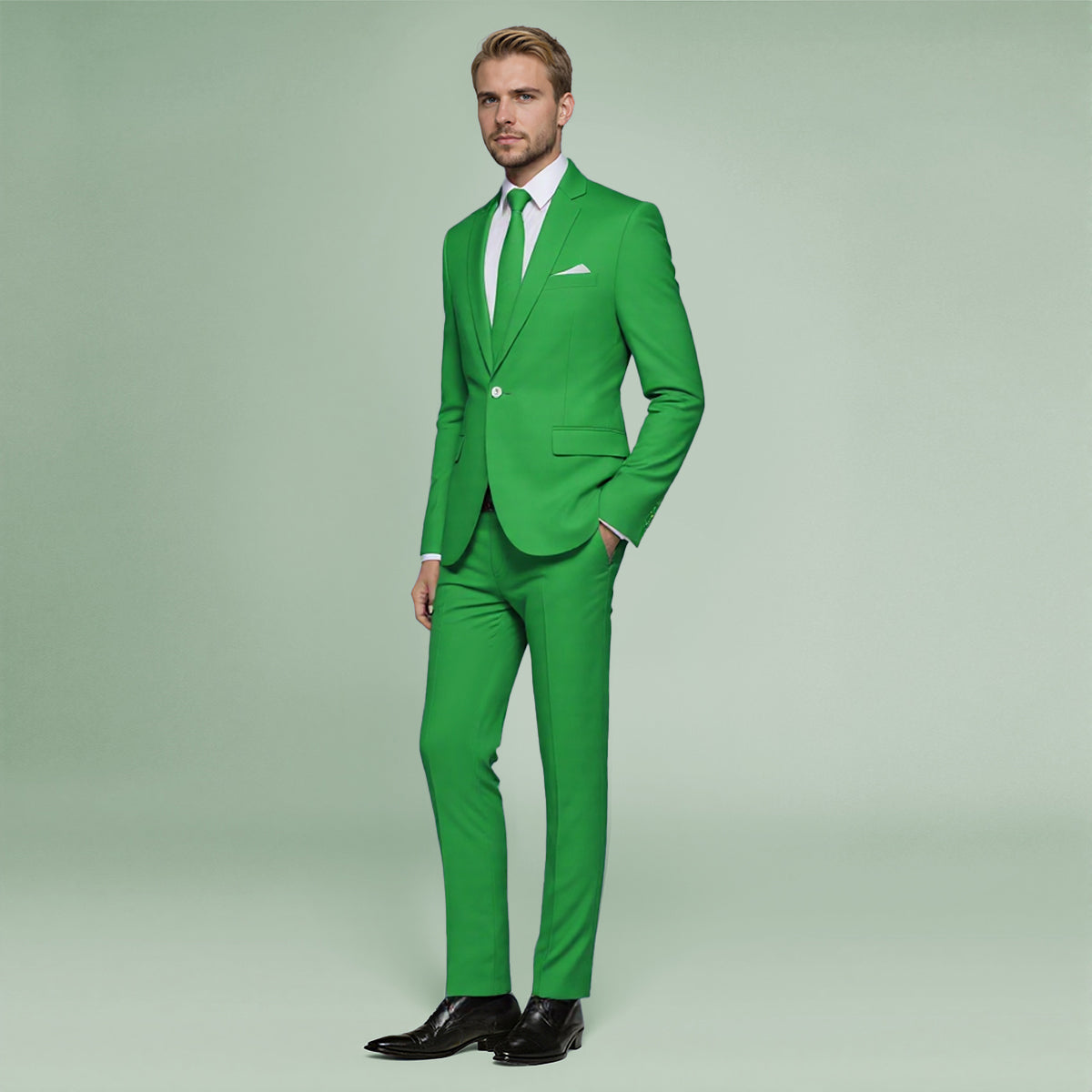 Green # Men's slim fit 2-piece simple designed casual suit with peaked lapel and button closure, green formal blazer jacket with four-button cuffs and matching flat-front trousers with extended waist strap, elegant polyester viscose blend suit for business, office, wedding and daily wear, isolated on white background.