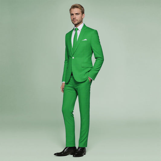Green # Men's slim fit 2-piece simple designed casual suit with peaked lapel and button closure, green formal blazer jacket with four-button cuffs and matching flat-front trousers with extended waist strap, elegant polyester viscose blend suit for business, office, wedding and daily wear, isolated on white background.