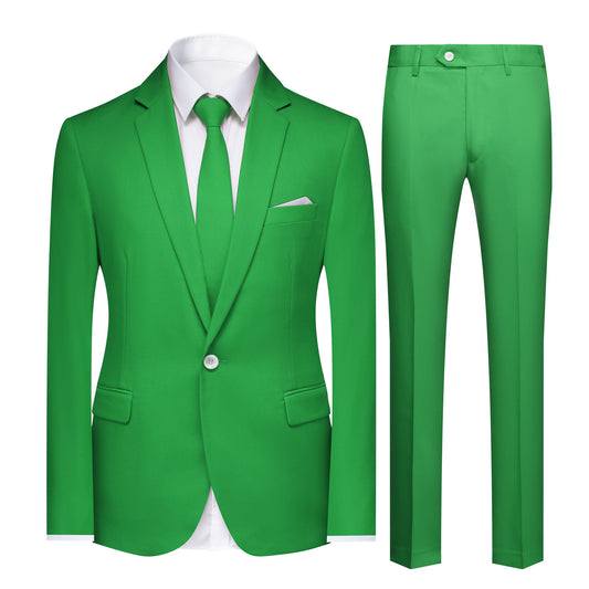 Green # Men's slim fit 2-piece simple designed casual suit with peaked lapel and button closure, green formal blazer jacket with four-button cuffs and matching flat-front trousers with extended waist strap, elegant polyester viscose blend suit for business, office, wedding and daily wear, isolated on white background.
