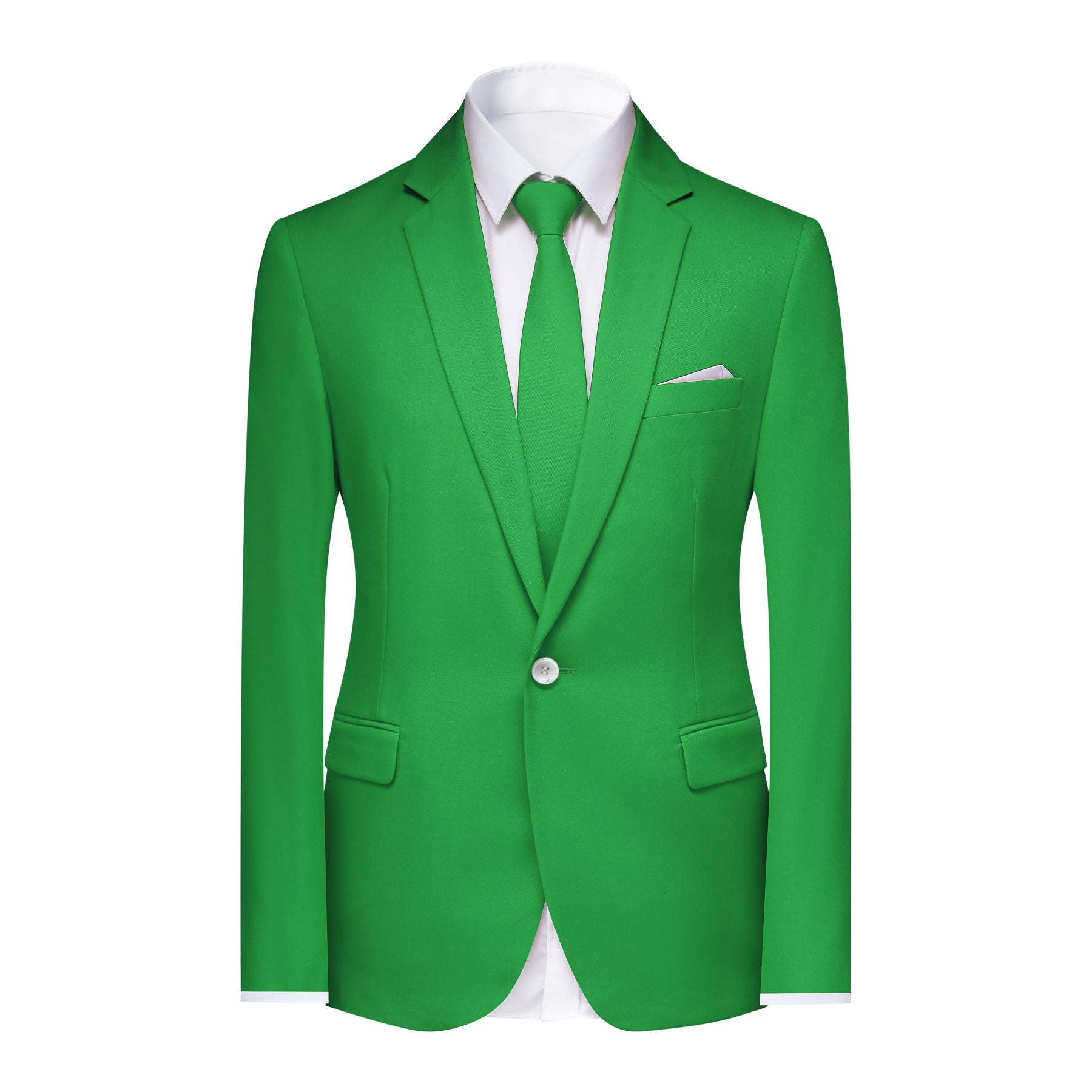 Green # Men's slim fit 2-piece simple designed casual suit with peaked lapel and button closure, green formal blazer jacket with four-button cuffs and matching flat-front trousers with extended waist strap, elegant polyester viscose blend suit for business, office, wedding and daily wear, isolated on white background.