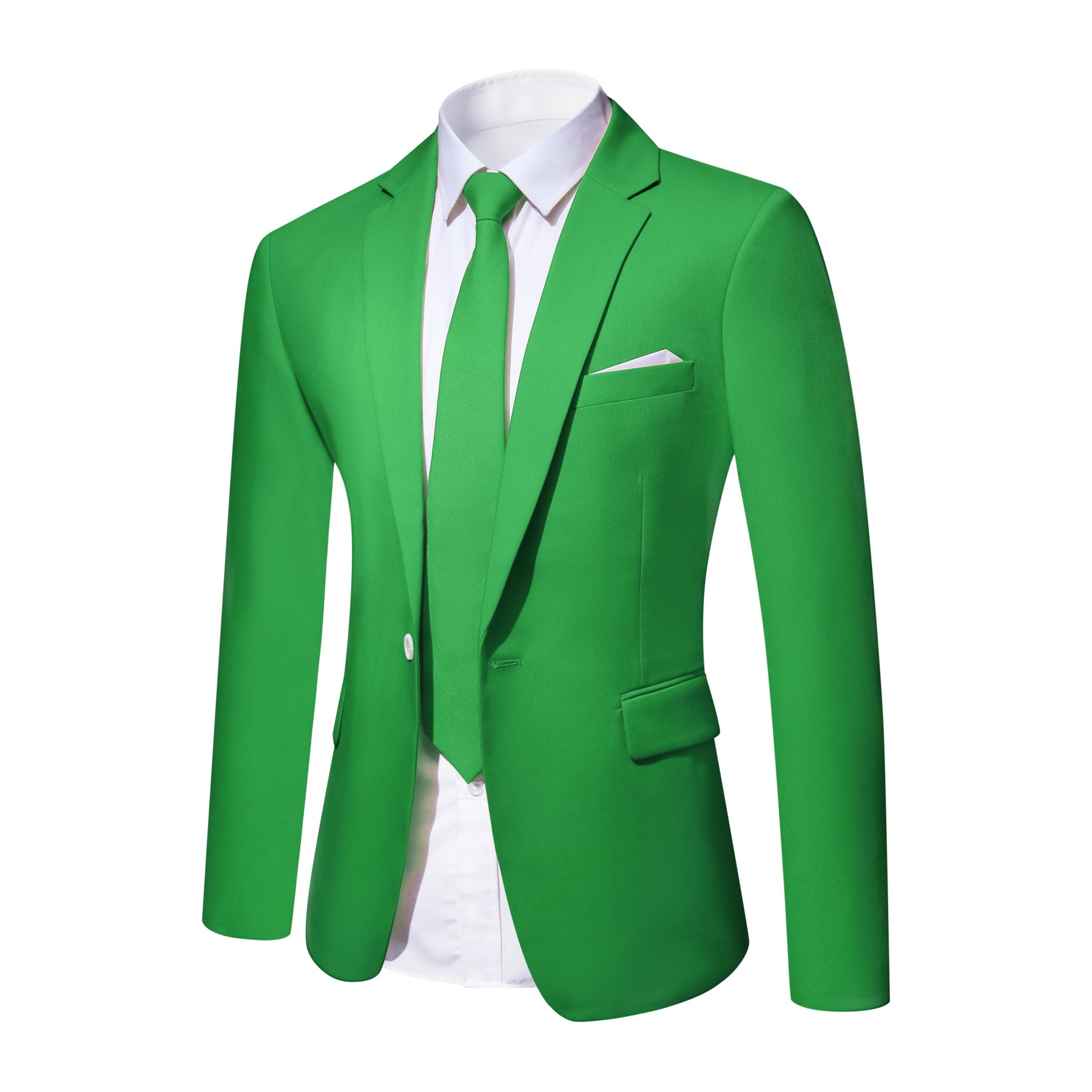 Green # Men's slim fit 2-piece simple designed casual suit with peaked lapel and button closure, green formal blazer jacket with four-button cuffs and matching flat-front trousers with extended waist strap, elegant polyester viscose blend suit for business, office, wedding and daily wear, isolated on white background.