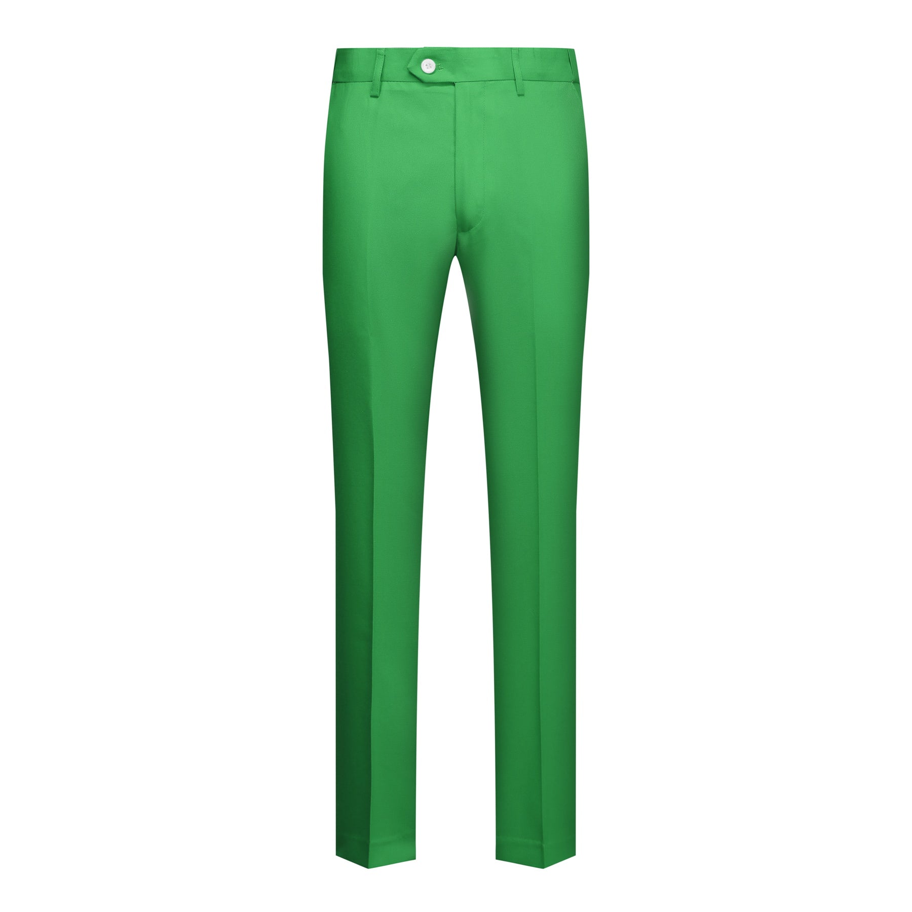 Green # Men's slim fit 2-piece simple designed casual suit with peaked lapel and button closure, green formal blazer jacket with four-button cuffs and matching flat-front trousers with extended waist strap, elegant polyester viscose blend suit for business, office, wedding and daily wear, isolated on white background.