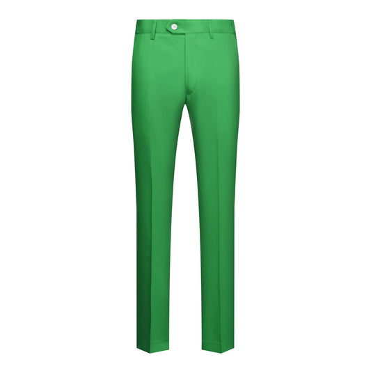 Green # Men's slim fit 2-piece simple designed casual suit with peaked lapel and button closure, green formal blazer jacket with four-button cuffs and matching flat-front trousers with extended waist strap, elegant polyester viscose blend suit for business, office, wedding and daily wear, isolated on white background.