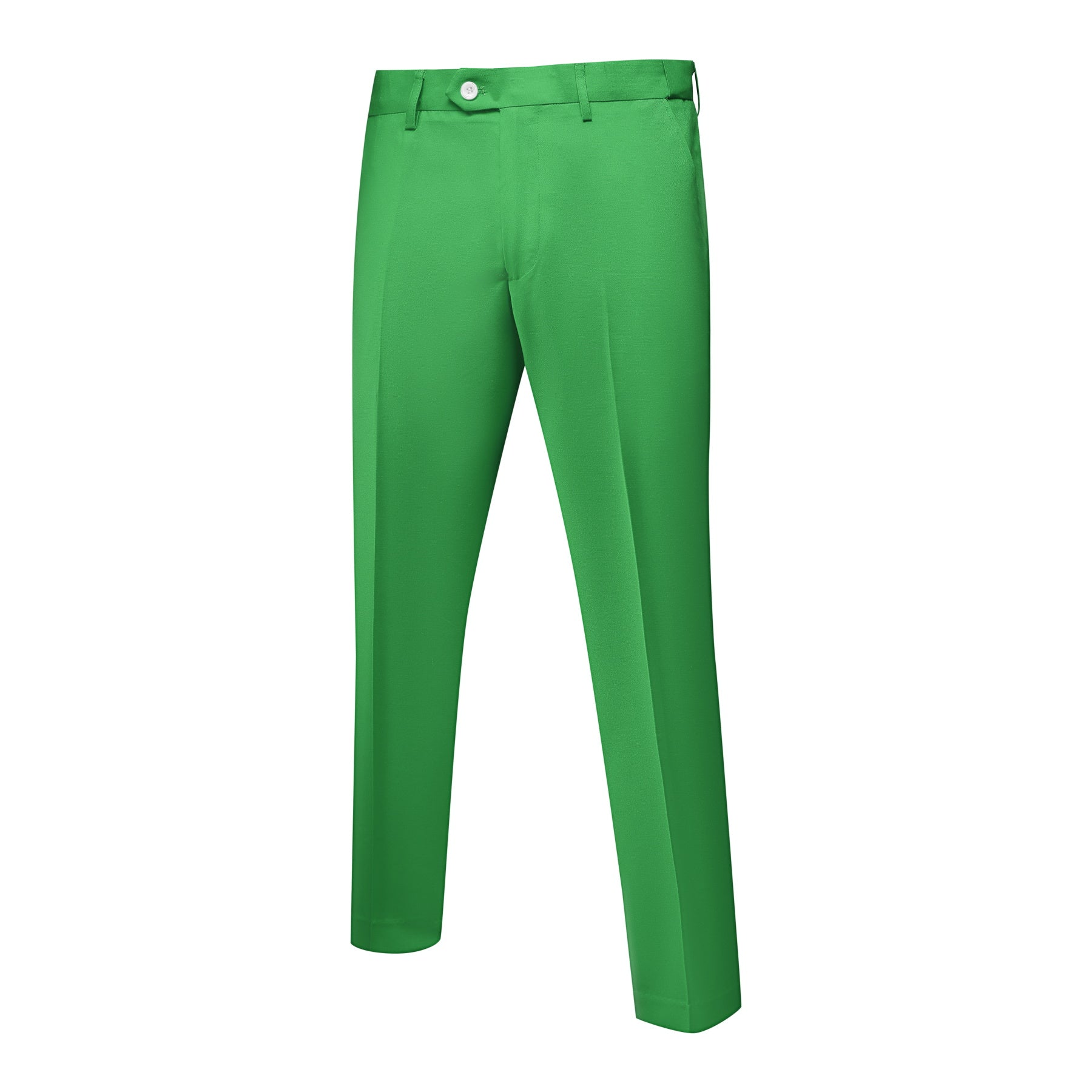 Green # Men's slim fit 2-piece simple designed casual suit with peaked lapel and button closure, green formal blazer jacket with four-button cuffs and matching flat-front trousers with extended waist strap, elegant polyester viscose blend suit for business, office, wedding and daily wear, isolated on white background.