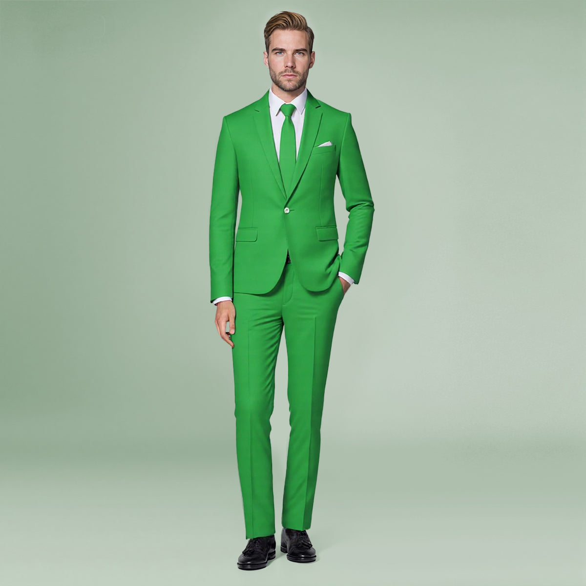 Green # Men's slim fit 2-piece simple designed casual suit with peaked lapel and button closure, green formal blazer jacket with four-button cuffs and matching flat-front trousers with extended waist strap, elegant polyester viscose blend suit for business, office, wedding and daily wear, isolated on white background.