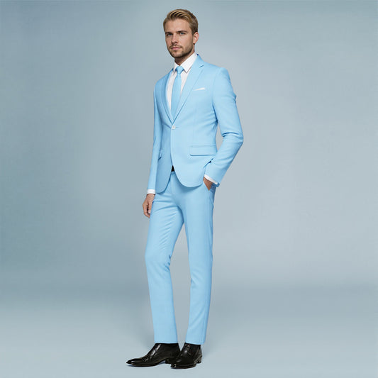 Light Blue # Men's slim fit 2-piece casual suit with peaked lapel and simple elegant design, light blue formal blazer jacket with four-button sleeves and matching flat-front trousers with extended waist strap for business, office, wedding and daily wear, isolated on white background.