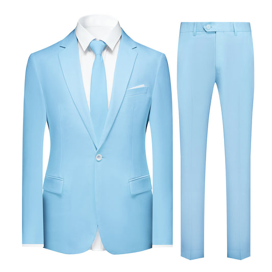 Light Blue # Men's slim fit 2-piece casual suit with peaked lapel and simple elegant design, light blue formal blazer jacket with four-button sleeves and matching flat-front trousers with extended waist strap for business, office, wedding and daily wear, isolated on white background.