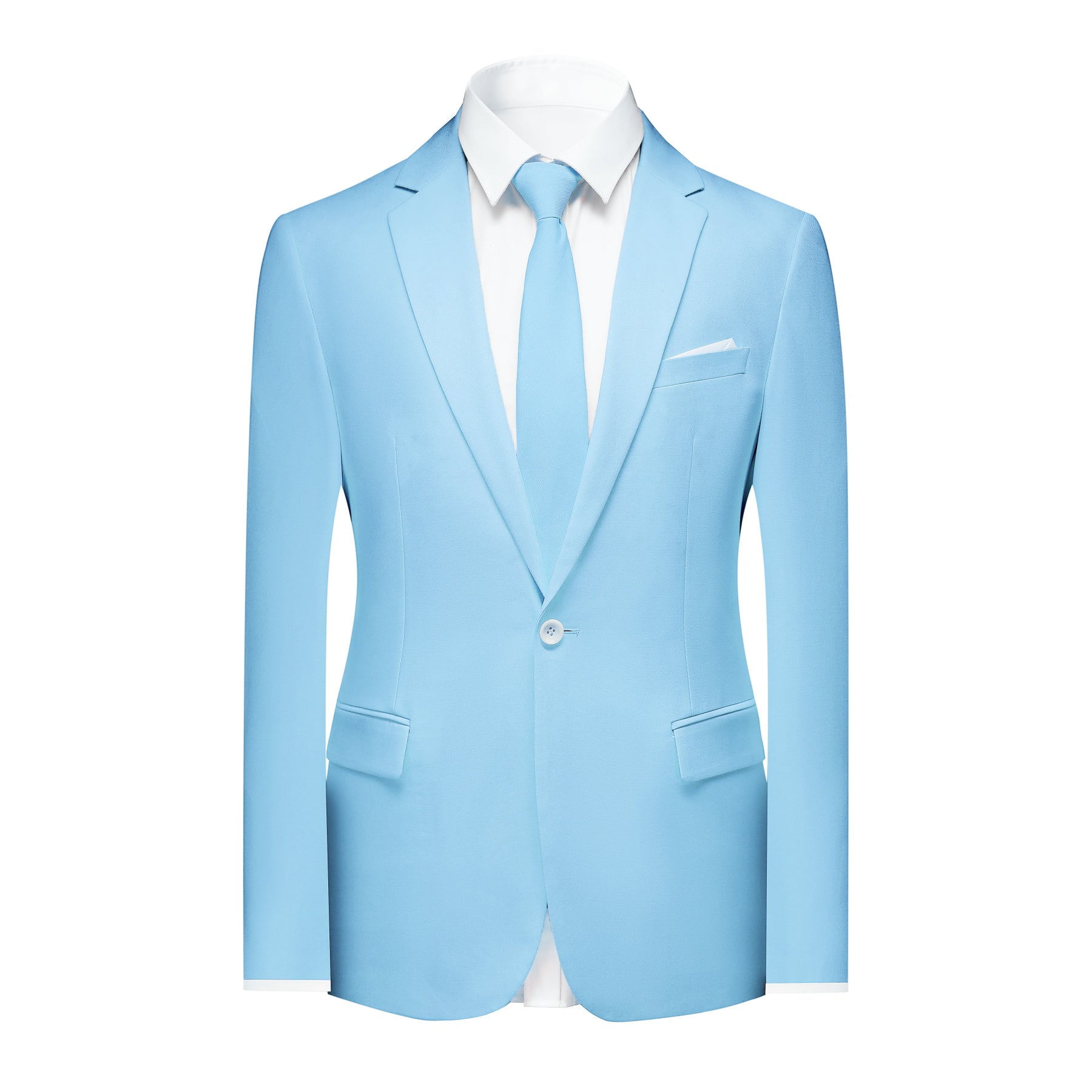 Light Blue # Men's slim fit 2-piece casual suit with peaked lapel and simple elegant design, light blue formal blazer jacket with four-button sleeves and matching flat-front trousers with extended waist strap for business, office, wedding and daily wear, isolated on white background.