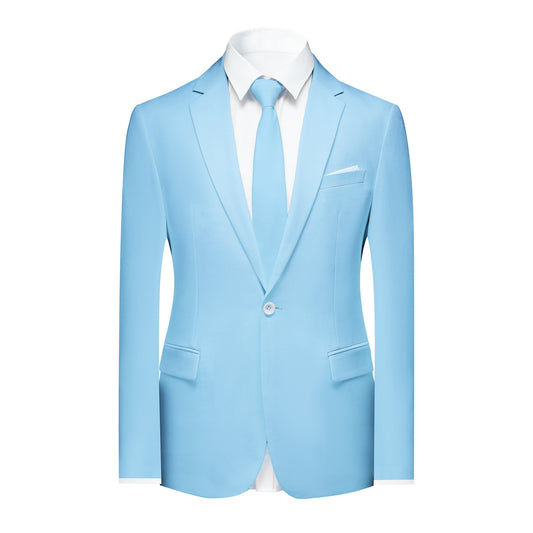 Light Blue # Men's slim fit 2-piece casual suit with peaked lapel and simple elegant design, light blue formal blazer jacket with four-button sleeves and matching flat-front trousers with extended waist strap for business, office, wedding and daily wear, isolated on white background.