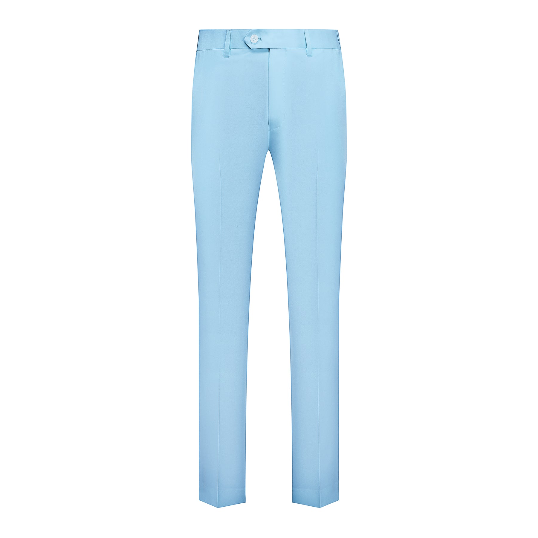Light Blue # Men's slim fit 2-piece casual suit with peaked lapel and simple elegant design, light blue formal blazer jacket with four-button sleeves and matching flat-front trousers with extended waist strap for business, office, wedding and daily wear, isolated on white background.