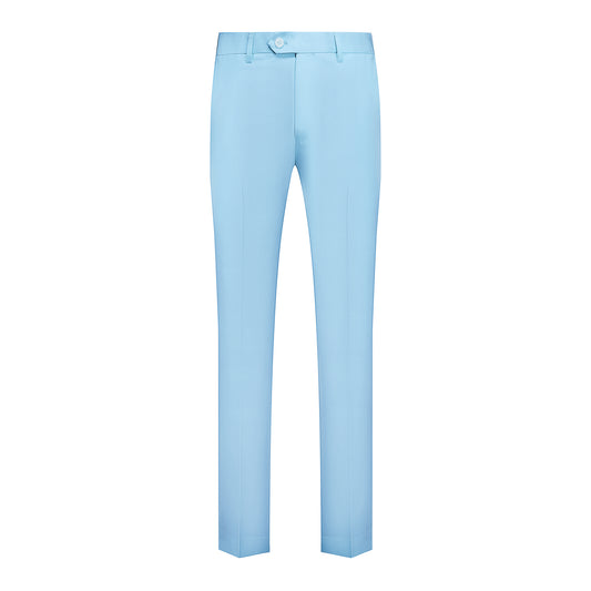 Light Blue # Men's slim fit 2-piece casual suit with peaked lapel and simple elegant design, light blue formal blazer jacket with four-button sleeves and matching flat-front trousers with extended waist strap for business, office, wedding and daily wear, isolated on white background.