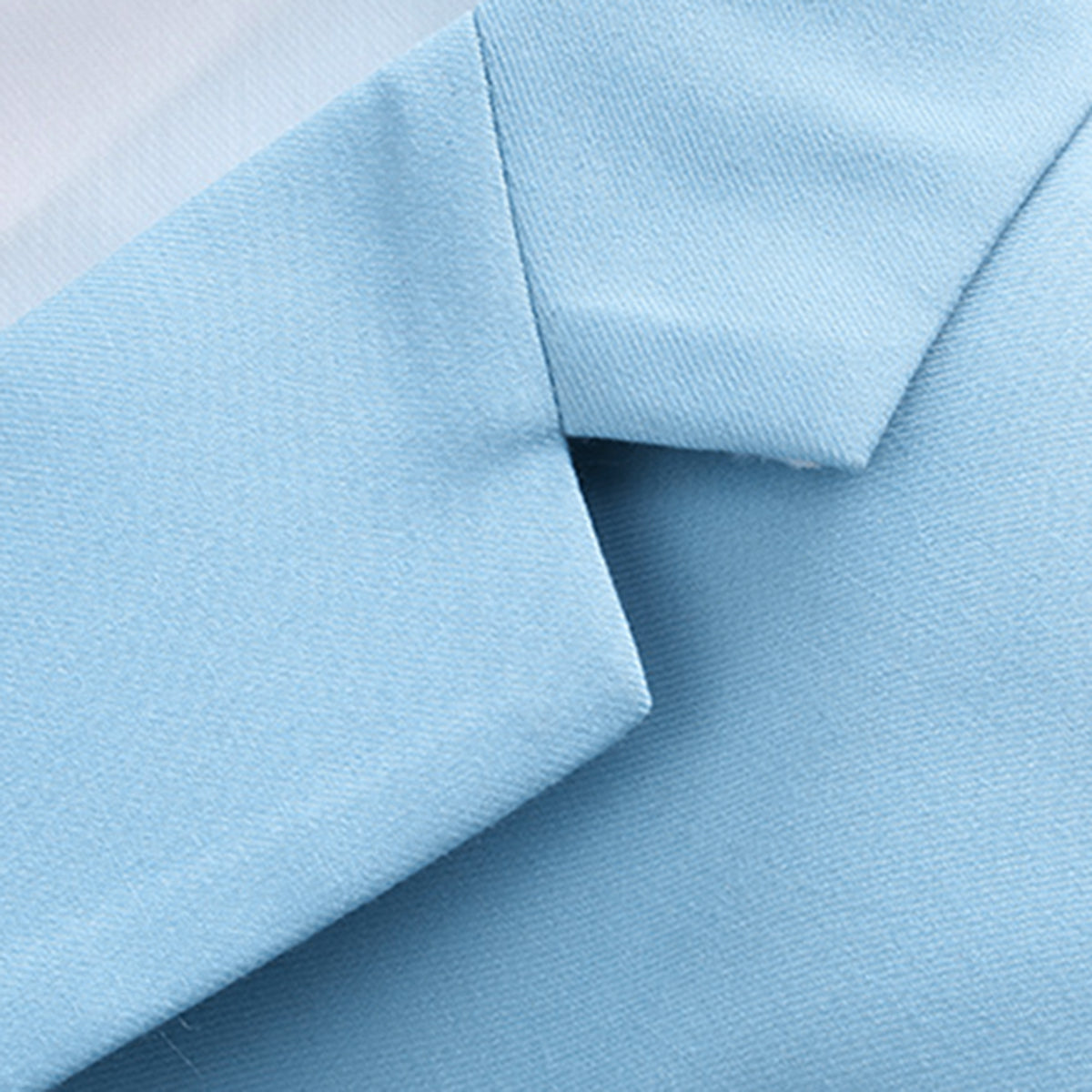 Light Blue # Men's slim fit 2-piece casual suit with peaked lapel and simple elegant design, light blue formal blazer jacket with four-button sleeves and matching flat-front trousers with extended waist strap for business, office, wedding and daily wear, isolated on white background.