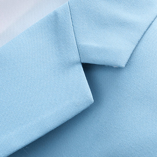 Light Blue # Men's slim fit 2-piece casual suit with peaked lapel and simple elegant design, light blue formal blazer jacket with four-button sleeves and matching flat-front trousers with extended waist strap for business, office, wedding and daily wear, isolated on white background.