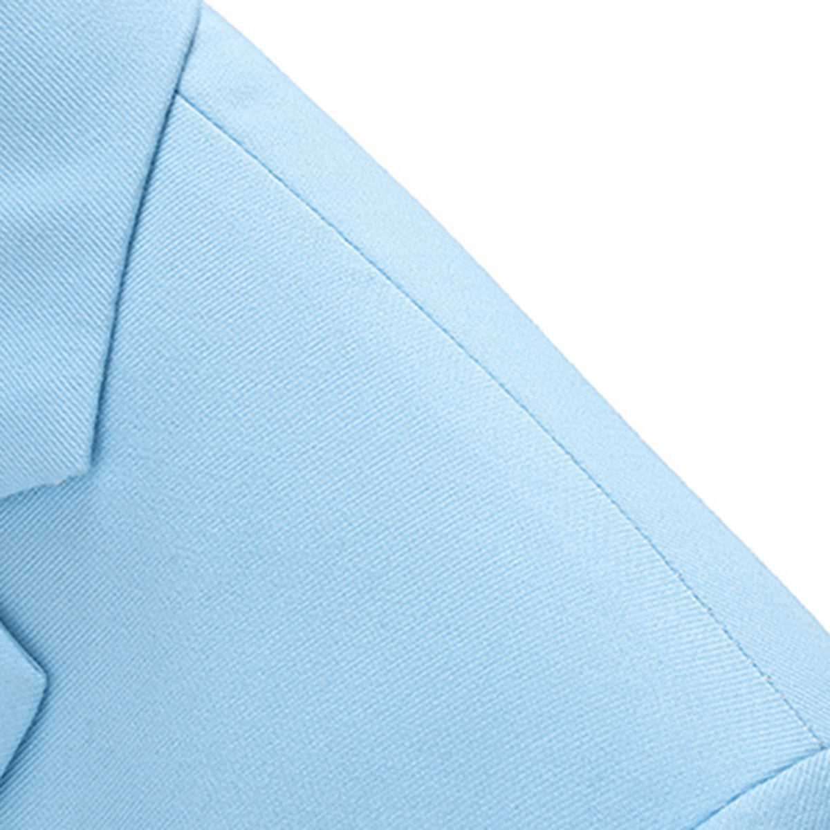Light Blue # Men's slim fit 2-piece casual suit with peaked lapel and simple elegant design, light blue formal blazer jacket with four-button sleeves and matching flat-front trousers with extended waist strap for business, office, wedding and daily wear, isolated on white background.